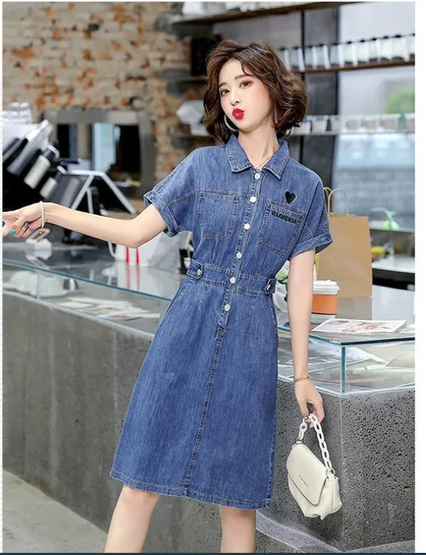 ĐẦM JEAN CỔ SƠ MI EO THUN THÊU TIM